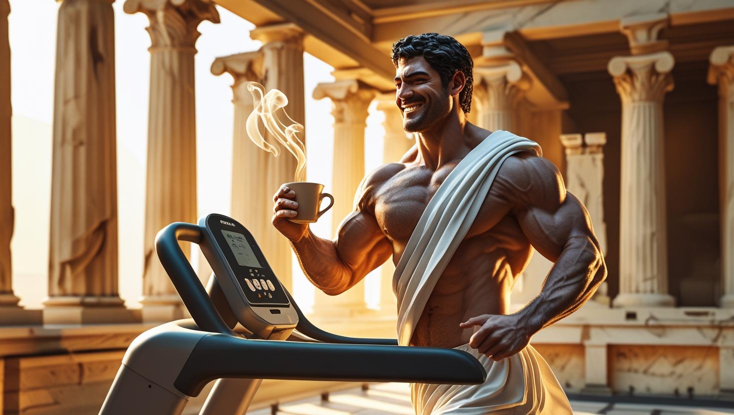 Greek god on a treadmill drinking some coffee in ancient greece