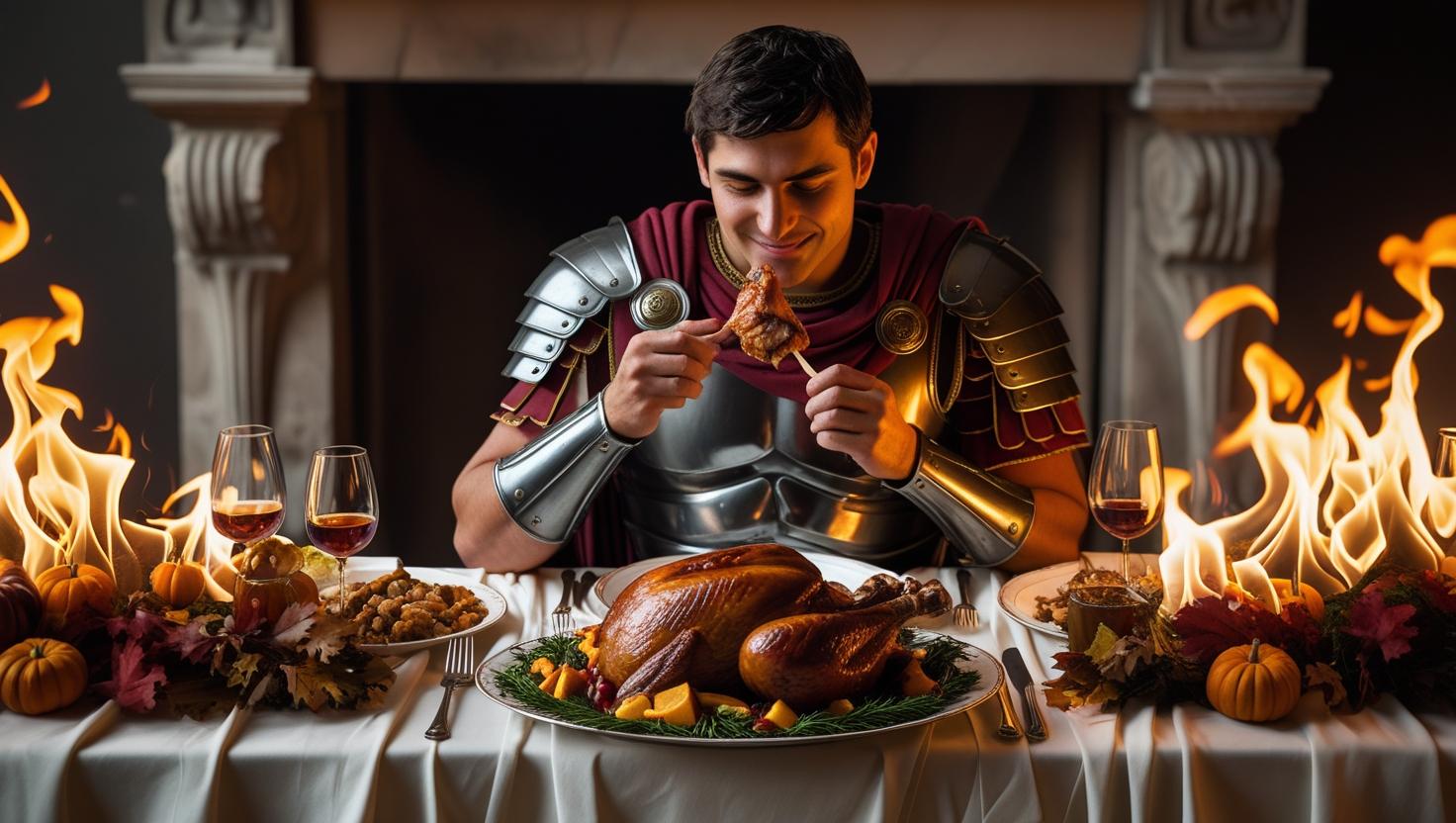 photo realistic photo of a roman soldier at a Thanksgiving table eating a turkey drumbstick while the whole place is on fire. (1)